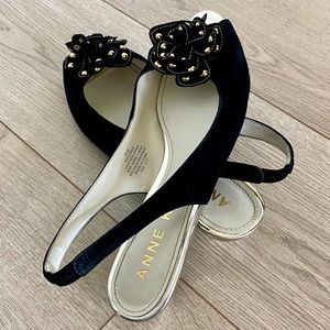 Anne Klein Black Suede Peep-Toe Flats